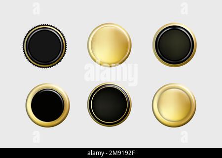 Circle seal premium stamp sticker, gold and black tag label, vector badge set. Stock Vector