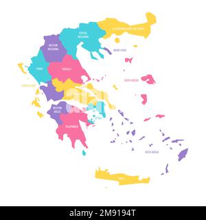 Greece political map of administrative divisions - decentralized administrations and autonomous monastic state of Mount Athos. Colorful vector map with labels. Stock Vector