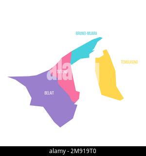 Brunei political map of administrative divisions - districts. Colorful vector map with labels. Stock Vector