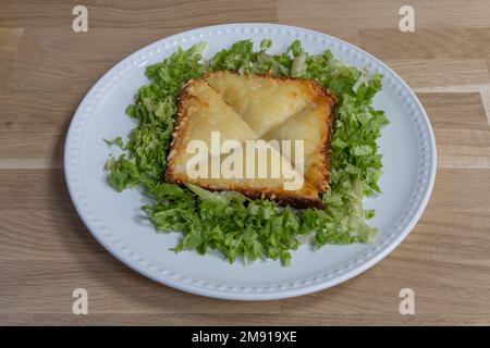 Bistro dishe culinary Still Life. Croque Monsieur with salad, tomato accompaniement onion, french fries and slice of bread Stock Photo