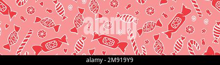 Seamless pattern with red candies on pink background. Hand drawn sweets in wrappers. Vector illustration. Stock Vector