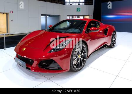 Lotus Emira sports car car at the Brussels Autosalon European Motor Show. Brussels, Belgium - January 13, 2023. Stock Photo