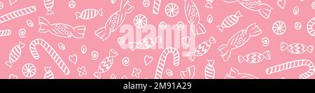 Candies doodle seamless pattern. Hand drawn sweets on pink background. Vector illustration. Stock Vector