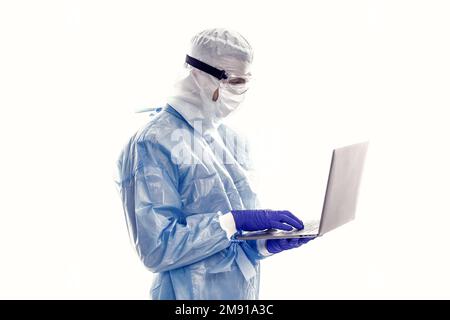 conference with coworkers. coronavirus outbreak and covid epidemic. stay at home. distance doctor help. epidemiologist in protection working from home Stock Photo