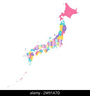 Japan political map of administrative divisions - prefectures, metropilis Tokyo, territory Hokaido and urban prefectures Kyoto and Osaka. Colorful vector map with labels. Stock Vector