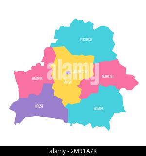 Belarus political map of administrative divisions - regions and one autonomous city. Colorful vector map with labels. Stock Vector