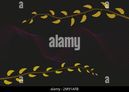 Yellow forest leaves and branches on dark, black background. Hand painted Floral illustration. Vector autumn greenery branches background Stock Vector