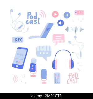Fun hand drawn Podcast elements, headphones, microphone, laptop, smartphone, speech bubbles. Podcast recording and listening - vector design Stock Vector