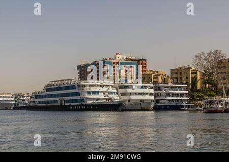 Cruise ships at the river Nile in Aswan, Egypt Stock Photo