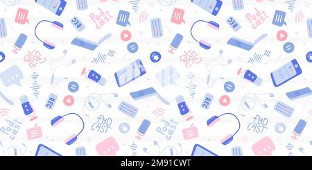 Fun hand drawn Podcast seamless pattern, headphones, microphone, laptop, smartphone, speech bubbles. Podcast recording and listening - vector design Stock Vector