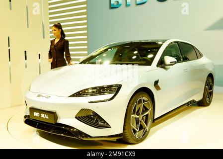 GREATER NOIDA, INDIA - JANUARY 13, 2023: BYD Seal car is on display at Auto Expo 2023 car show at India Expo Mart, Greater Noida in India. Stock Photo