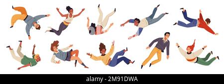 Flying people. Movement in air, inspiration and freedom concept, falling young characters in different poses, hovering and soaring, happy guys and Stock Vector