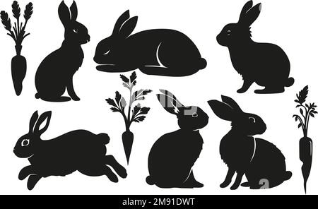 Rabbit bunny and carrot silhouette set, Easter vector animal ear black shape spring graphic collection Stock Vector