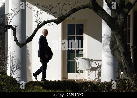 Washington, United States. 16th Jan, 2023. U.S. President Joe Biden enters the Oval Office of the White House upon his return to Washington, DC after the weekend in Delaware on Monday, January 16, 2023. Photo by Yuri Gripas/ Credit: UPI/Alamy Live News Stock Photo