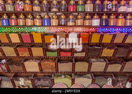 Various spices for sale in a shop in Nubian village Gharb Seheil, Egypt Stock Photo