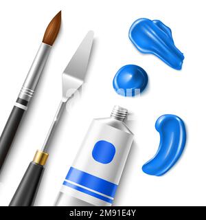 Realistic brushes and smears. 3d artistic paintbrush, oil paint tube, palette knife and blue strokes, creative supplies top view, artists instrument Stock Vector