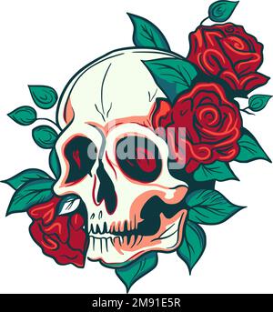 Vector skull and rose flower logo icon, Art Halloween floral detailed tattoo illustration, vintage retro design background. Skeleton head death gothic symbol decoration Stock Vector