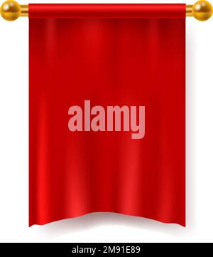 Red pennant. Blank textile advertising realistic flag mockup, logo template and branding. Medieval heraldic hanging canvas. Empty space ad. 3D Stock Vector