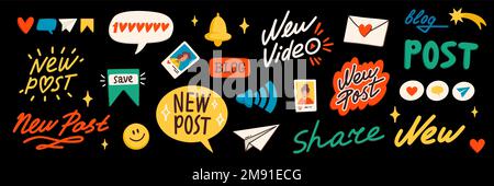 Blog content icons. Blogging or vlogging cartoon icons for social midea vector flat illustration. Stock Vector