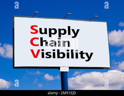 SCV supply chain visibility symbol. Concept words SCV supply chain visibility on big billboard on a beautiful blue sky and clouds background. Business Stock Photo