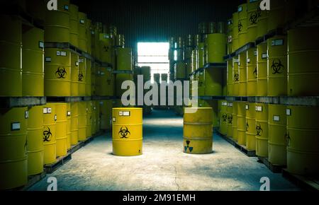 depot with storage of yellow barrels with radioactive and harmful waste. 3d render Stock Photo