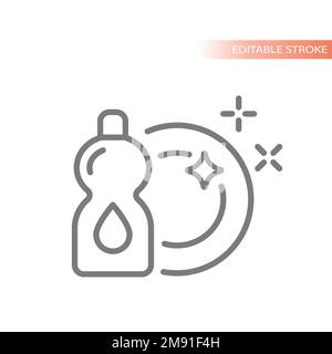 Cleaning dishes detergent bottle vector icon. Clean plate and product tube outline symbol. Stock Vector