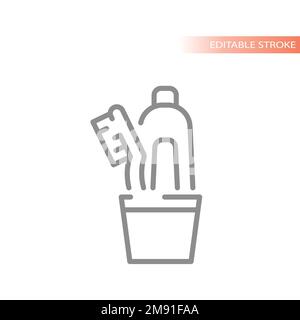 Toothpaste and toothbrush in cup vector icon. Dental hygiene, tooth paste and brush outline symbol. Stock Vector