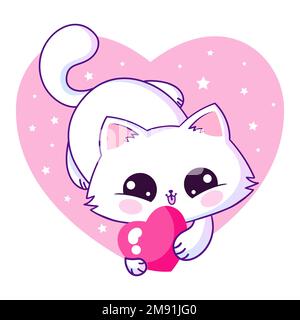 Cute kawaii cat holding a heart. Vector illustration Stock Vector