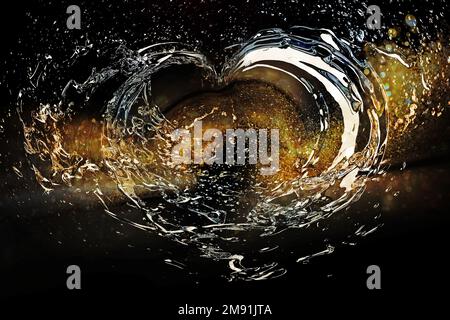Water splashes in the shape of a heart on a black background with gold sequins. High quality photo Stock Photo