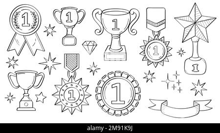 First place doodle icon. Medals and diploma set vector. Champion cup in sketch style. Awards, trophy cups, stars. Winner prize, champion cup, ribbon Stock Vector