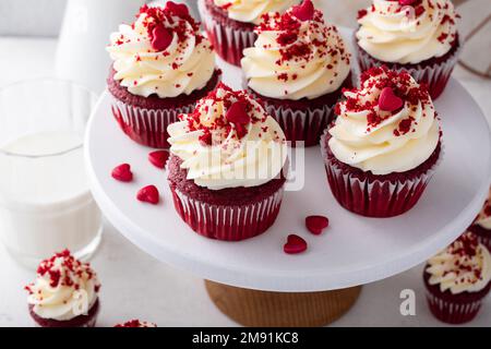 Red velvet cupcakes on a cake stand Stock Photo