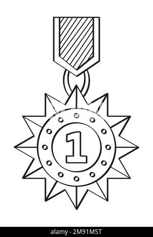 First place doodle icon. Medals and diploma vector. Awards, trophy cups, stars. Winner prize in hand drawn style. Stock Vector