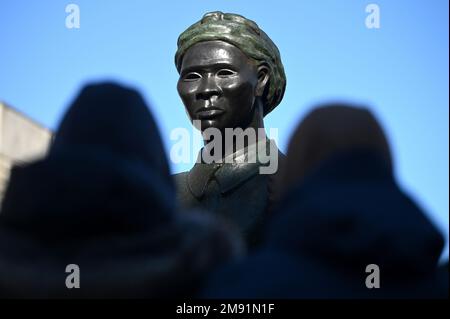 New York, USA. 16th Jan, 2023. People gather in front of the Harriet Tubman Memorial before the start of the 36th Annual Martin Luther King Jr. Commemorative March in the Harlem neighborhood of Manhattan, January 16, 2023. (Photo by Anthony Behar/Sipa USA) Credit: Sipa USA/Alamy Live News Stock Photo