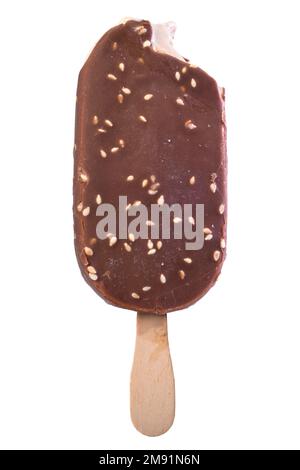 Chocolate ice-cream tasted by someone, isolated on the white background Stock Photo