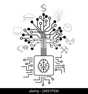 techno tree grow on brain cpu computer chip Stock Vector
