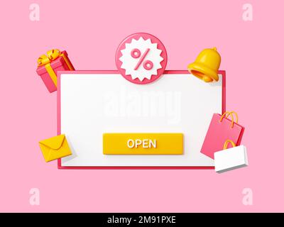 Discount reminder 3d render template - white banner with empty space for text, percent sign and push button. Stock Photo