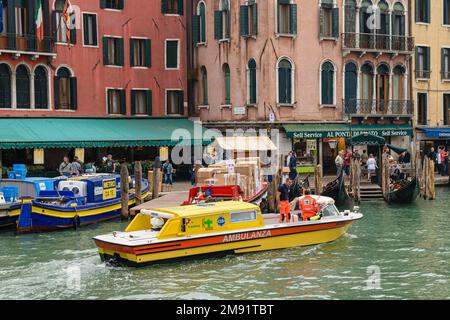 A  water ambulance on the Grand Canal in Venice Stock Photo