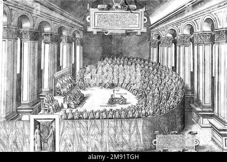 Council of Trent. Illustration of the The Council of Trent (Concilium Tridentinum), held between 1545 and 1563 in Trent (Trento). It was the 19th ecumenical council of the Catholic Church, prompted by the Protestant Reformation, and has been described as the embodiment of the Counter-Reformation. Engraving/etching published by Claudio Duchetti, 1565 Stock Photo