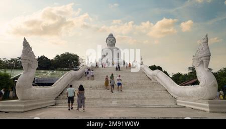 Phuket, Thailand. November 30, 2022. Entrance stairs to the Big Buddha Temple on Phuket island. Visitors taking a tour of the temple. Stock Photo