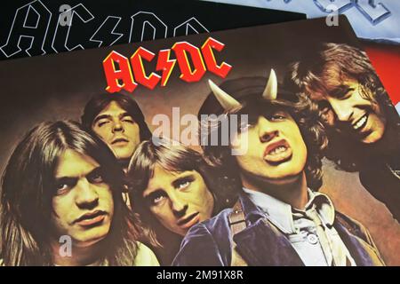 Viersen, Germany - November 9. 2022: Closeup of isolated vinyl record Highway to hell album of hard rock band AC/DC released 1979 Stock Photo