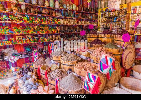 ASWAN, EGYPT: FEB 22, 2019: Various items for sale in a shop in Nubian village Gharb Seheil, Egypt Stock Photo