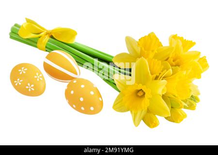 Yellow Daffodils and Easter Eggs isolated on white background Stock Photo