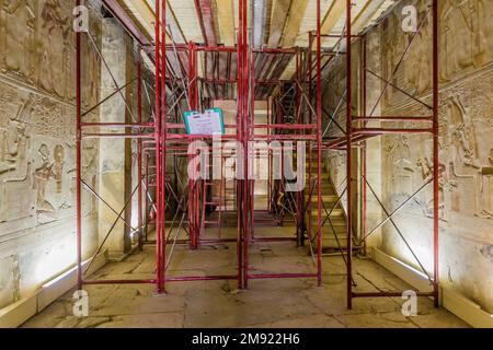 ABYDOS, EGYPT - FEB 19, 2019: Scaffoldings in the Temple of Seti I (Great Temple of Abydos), Egypt Stock Photo