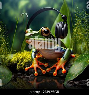 Cute Frog with headphones Stock Photo