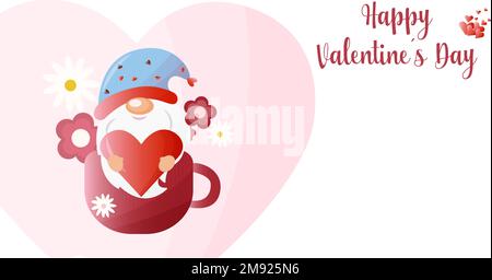 Cute dwarf in love with heart and flowers, nice design for greeting card, invitation, or more, for Valentines Day. Vector illustration, Valentines Day Stock Vector