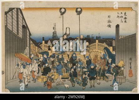 Nihonbashi: Daimyō Procession Setting Out, from the series Fifty-three Stations of the Tōkaidō Road Utagawa Hiroshige (Ando) (Japanese, 1797-1858). Nihonbashi: Daimyō Procession Setting Out, from the series Fifty-three Stations of the Tōkaidō Road, ca. 1833-1834. Color woodblock print on paper, 9 3/8 x 14 1/4 in. (23.8 x 36.2 cm).  The Tokaido road connected Edo to Kyoto, running along the Pacific coast. Along the route stood fifty-three post towns, each of which is depicted in this series. Hiroshige’s first journey on the Tokaido in 1832 inspired him to embark on this project, which is also k Stock Photo