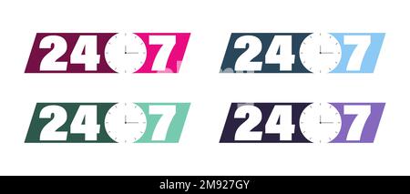 24-7 open concept. Support service set of icons Stock Vector