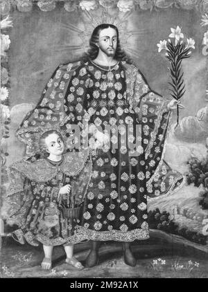Peinture École De Cusco Vers 1800 : Saint Joseph à L'Enfant Jésus, Huile Sur Toile Originale