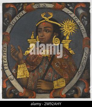 Atahualpa, Fourteenth Inca, 1 of 14 Portraits of Inca Kings Unknown. Atahualpa, Fourteenth Inca, 1 of 14 Portraits of Inca Kings, Probably mid-18th century. Oil on canvas, 23 5/8 x 21 3/4in. (60 x 55.2cm).  Although indigenous people ranked below Spaniards in Spanish America’s social order, direct descendants of pre-Hispanic nobility were afforded certain political privileges, including the right to hold office in local government. In order to legitimize claims to noble lineage in the viceroyalty of Peru, members of the Inca elite often conspicuously displayed in their homes Europeanized portr Stock Photo