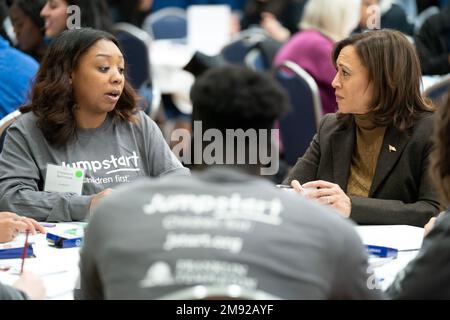 Washington, USA. 16th Jan, 2023. U.S. Vice President Kamala Harris participates in a Martin Luther King Jr. Day service project at George Washington University on Monday, January 16, 2023 in Washington, DC. Vice President Harris, who is joined by Department of Education Secretary Miguel Cardona and Michael Smith, CEO of AmeriCorps, meets with volunteers and help put together academic kits for Jumpstart students. Photo by Leigh Vogel/Pool/Sipa USA Credit: Sipa USA/Alamy Live News Stock Photo